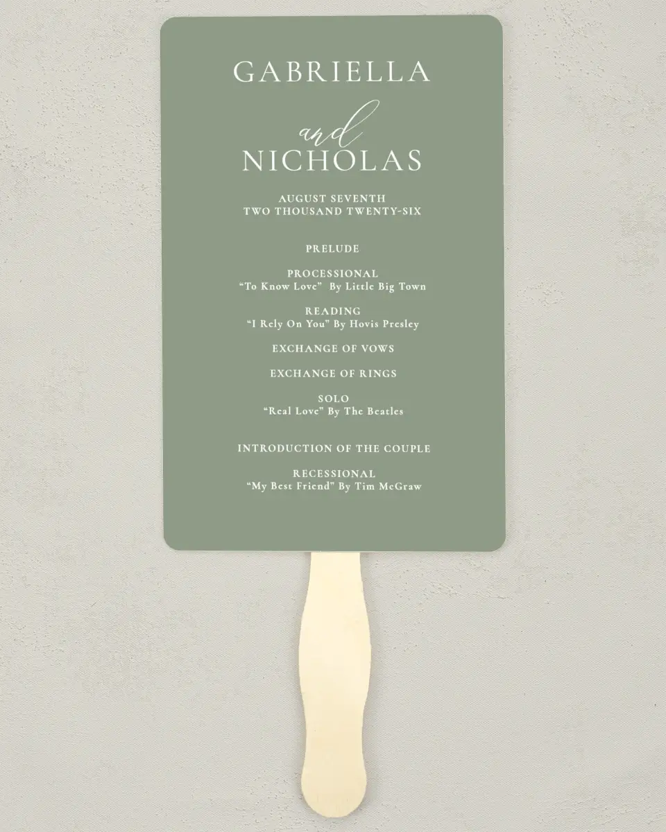 This is a 5" x 7⅞" Wedding Program Fan called Minimalist Type printed in full color on Premium Smooth paper