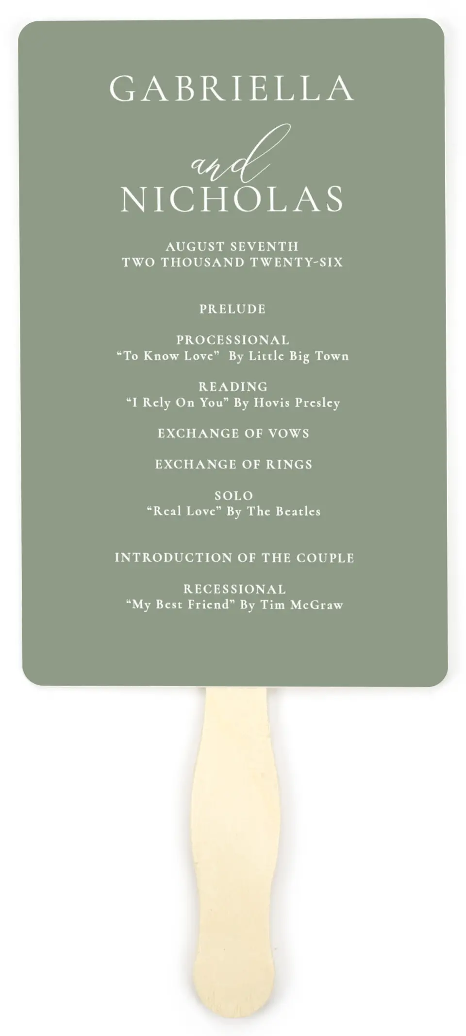 This is a 5" x 7⅞" Wedding Program Fan called Minimalist Type printed in full color on Premium Smooth paper