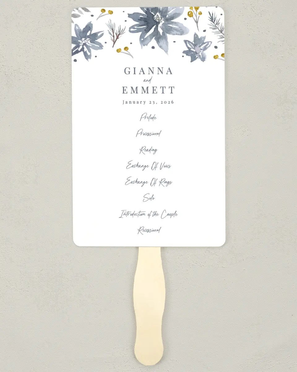 This is a 5" x 7⅞" Wedding Program Fan called Winter Floral printed in full color on Premium Smooth paper
