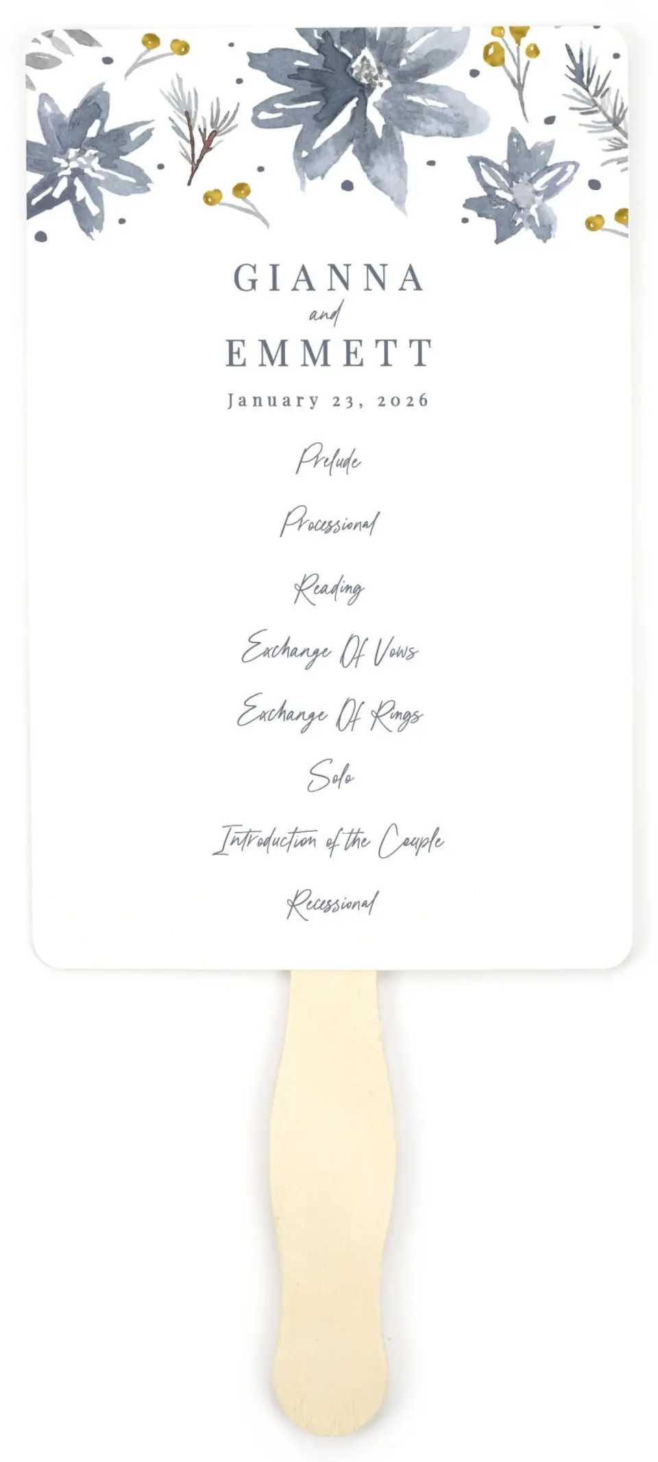 This is a 5" x 7⅞" Wedding Program Fan called Winter Floral printed in full color with Gold foil on Luxe Satin (coated) paper