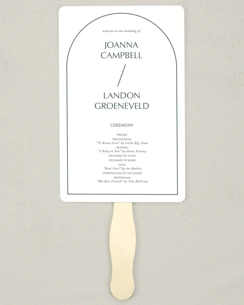 This is a 5" x 7⅞" Wedding Program Fan called Mod Shapes printed in full color on Premium Smooth paper