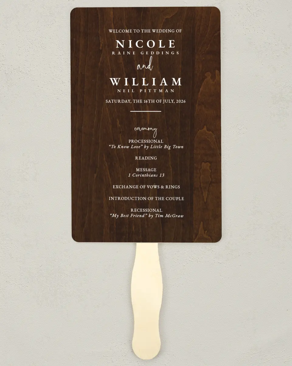 This is a 5" x 7⅞" Wedding Program Fan called Rustic Antler printed in full color on Premium Smooth paper