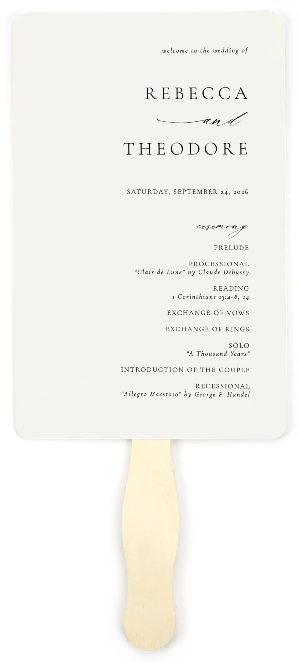 This is a 5" x 7⅞" Wedding Program Fan called Simply Elegant printed in full color on Premium Smooth paper