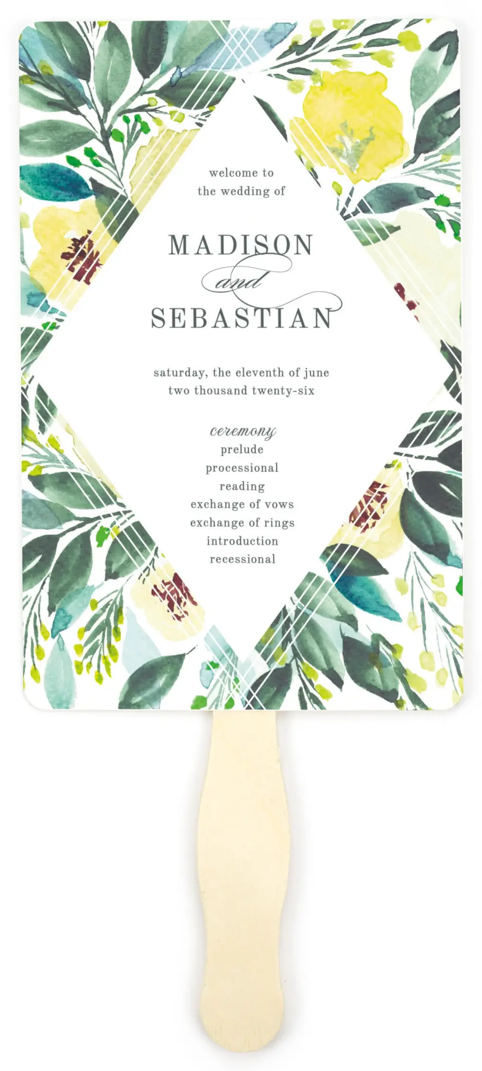 This is a 5" x 7⅞" Wedding Program Fan called Bold Blooms printed in full color on Premium Smooth paper