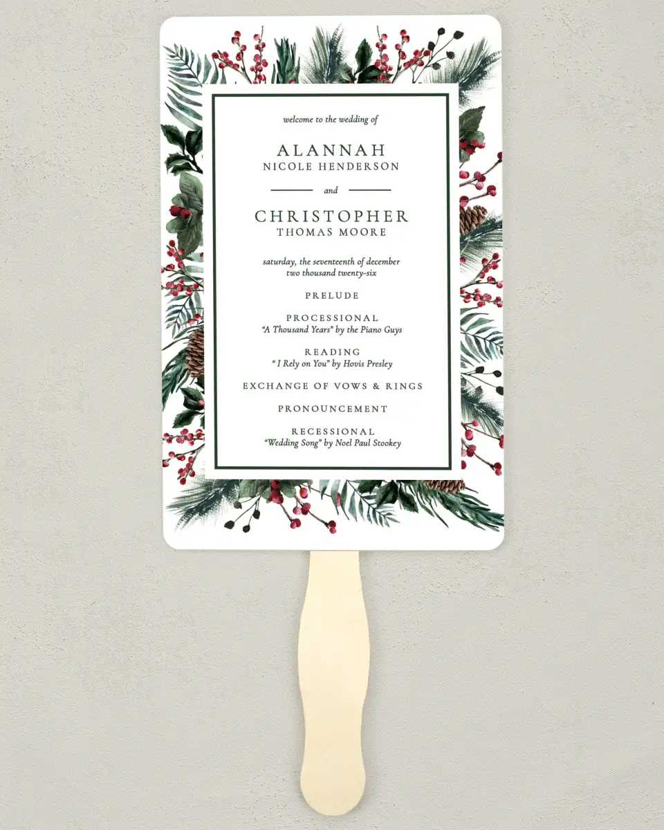 This is a 5" x 7⅞" Wedding Program Fan called Festive Celebration printed in full color on Premium Smooth paper