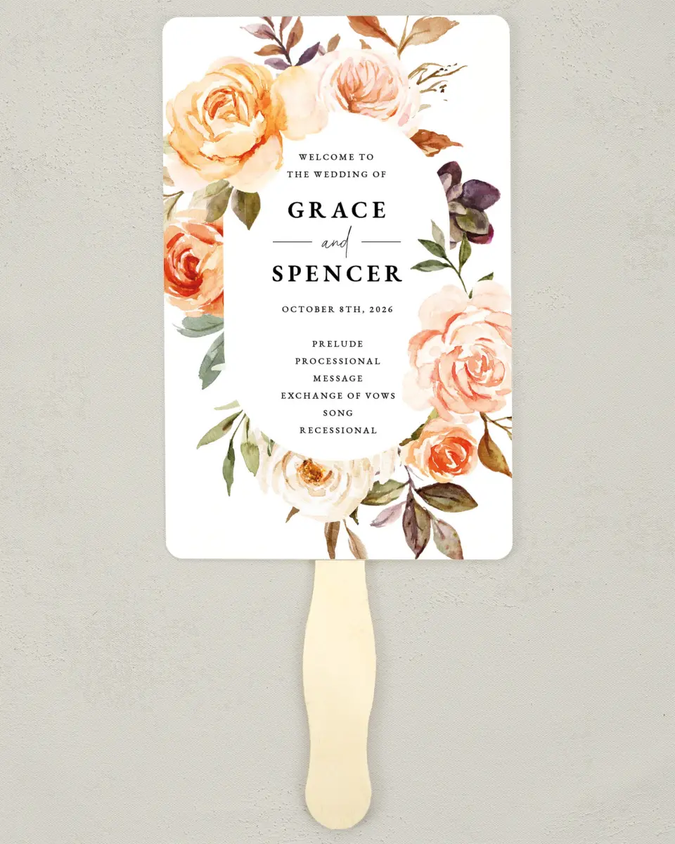 This is a 5" x 7⅞" Wedding Program Fan called Romantic Garden printed in full color on Premium Smooth paper