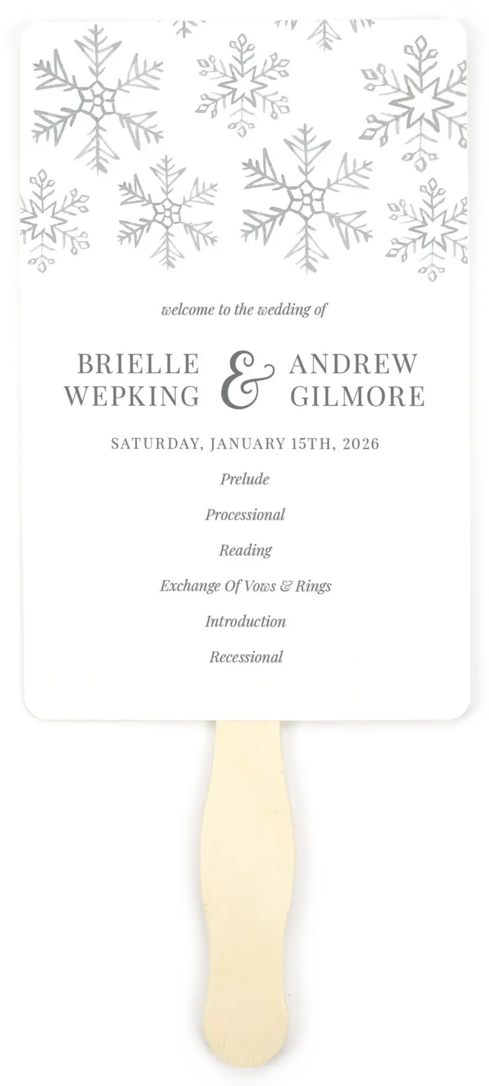 This is a 5" x 7⅞" Wedding Program Fan called Sweet Snowflakes printed in full color on Premium Smooth paper