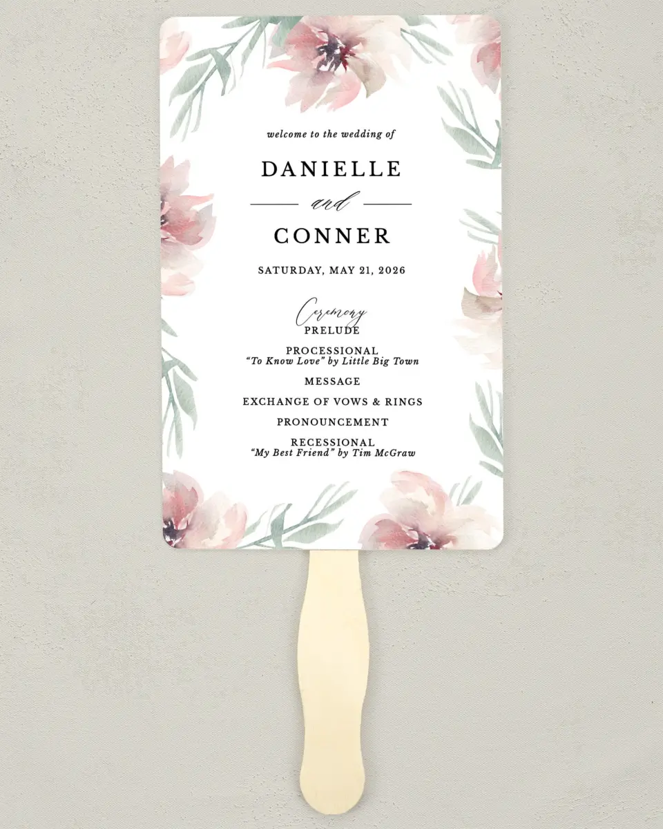 This is a 5" x 7⅞" Wedding Program Fan called Soft Florals printed in full color on Premium Smooth paper