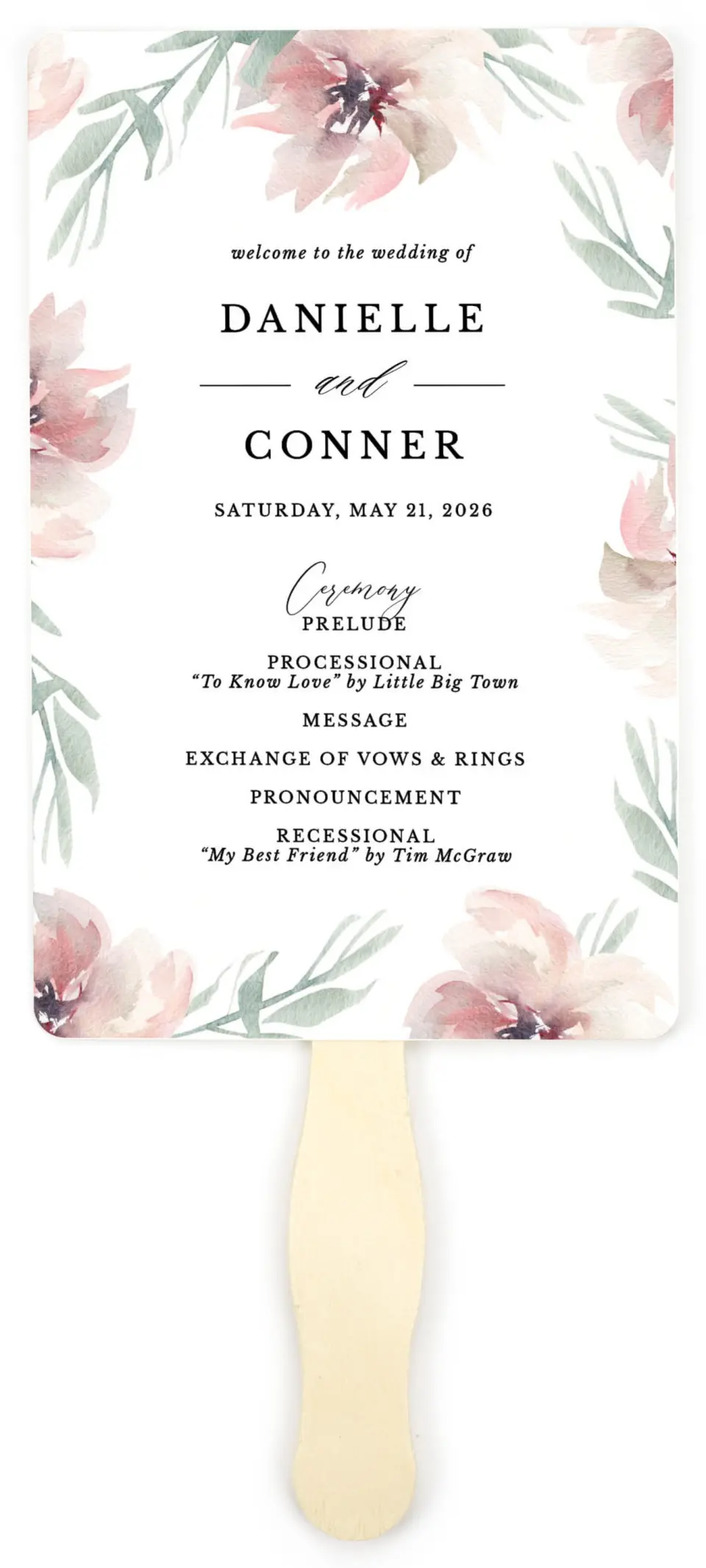 This is a 5" x 7⅞" Wedding Program Fan called Soft Florals printed in full color on Premium Smooth paper