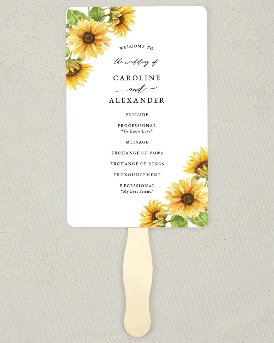 This is a 5" x 7⅞" Wedding Program Fan called Sunflower Bliss printed in full color on Premium Smooth paper