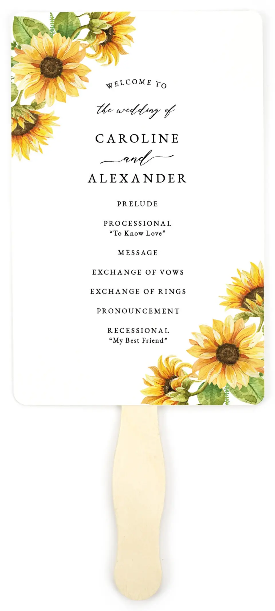 This is a 5" x 7⅞" Wedding Program Fan called Sunflower Bliss printed in full color on Premium Smooth paper