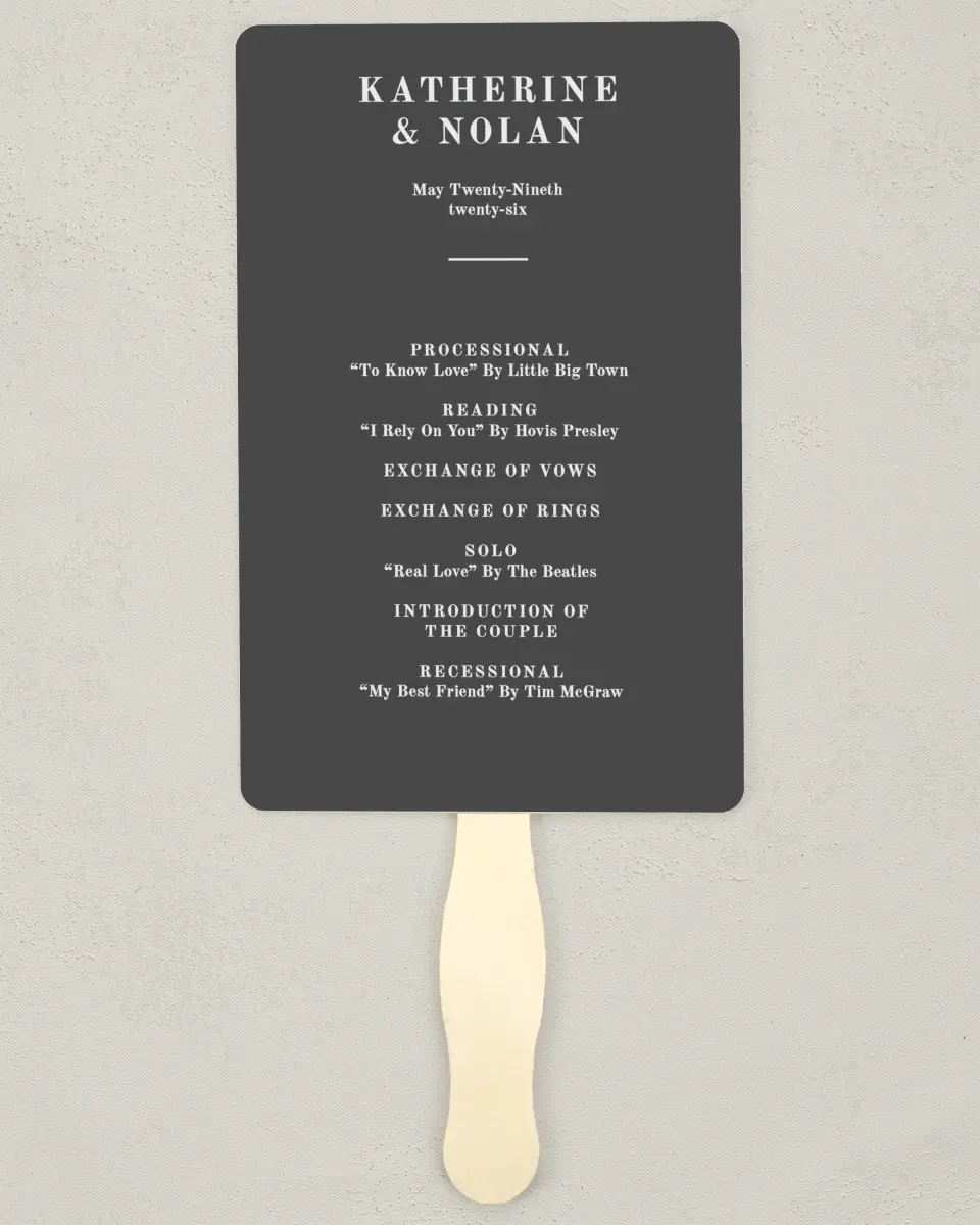 This is a 5" x 7⅞" Wedding Program Fan called Glory Day printed in full color on Premium Smooth paper