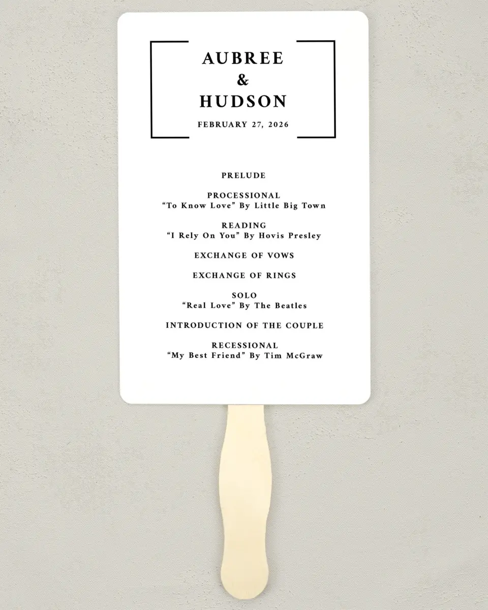 This is a 5" x 7⅞" Wedding Program Fan called Bright Brace printed in full color on Premium Smooth paper