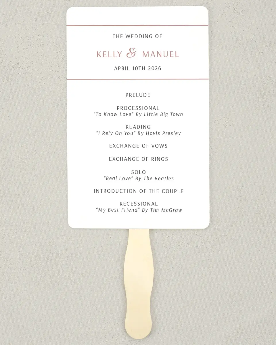 This is a 5" x 7⅞" Wedding Program Fan called Expansive Line printed in full color on Premium Smooth paper