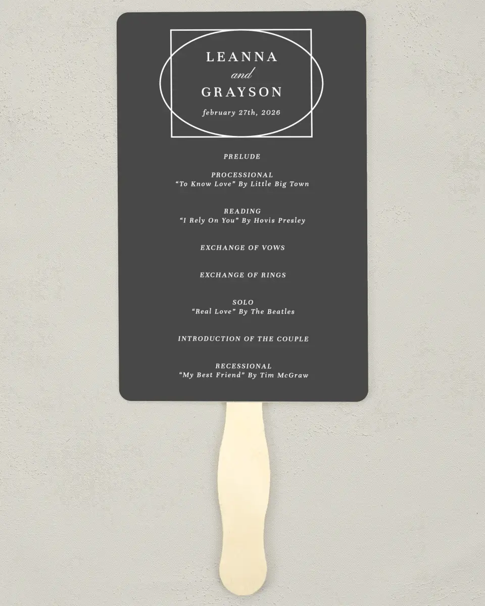 This is a 5" x 7⅞" Wedding Program Fan called Graphic Enclosure printed in full color on Premium Smooth paper