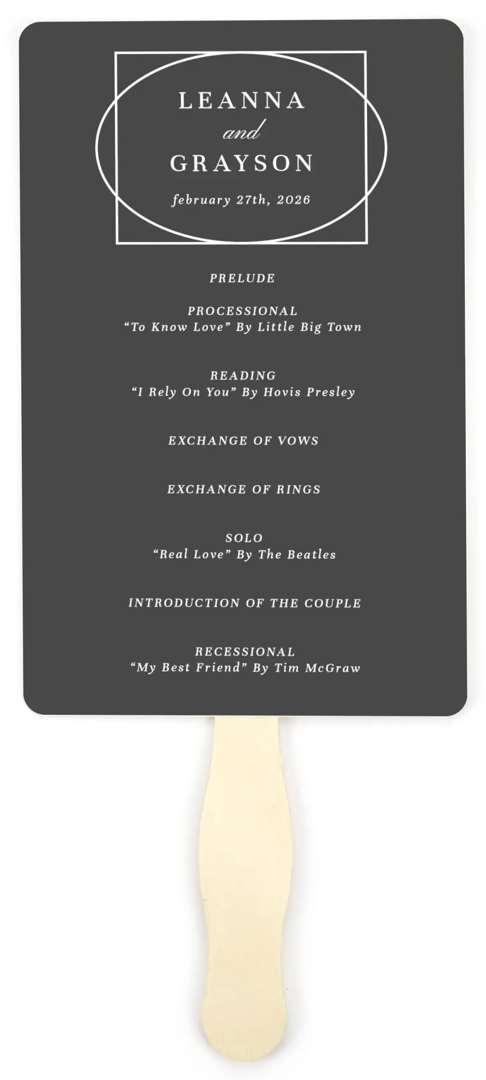 This is a 5" x 7⅞" Wedding Program Fan called Graphic Enclosure printed in full color on Premium Smooth paper