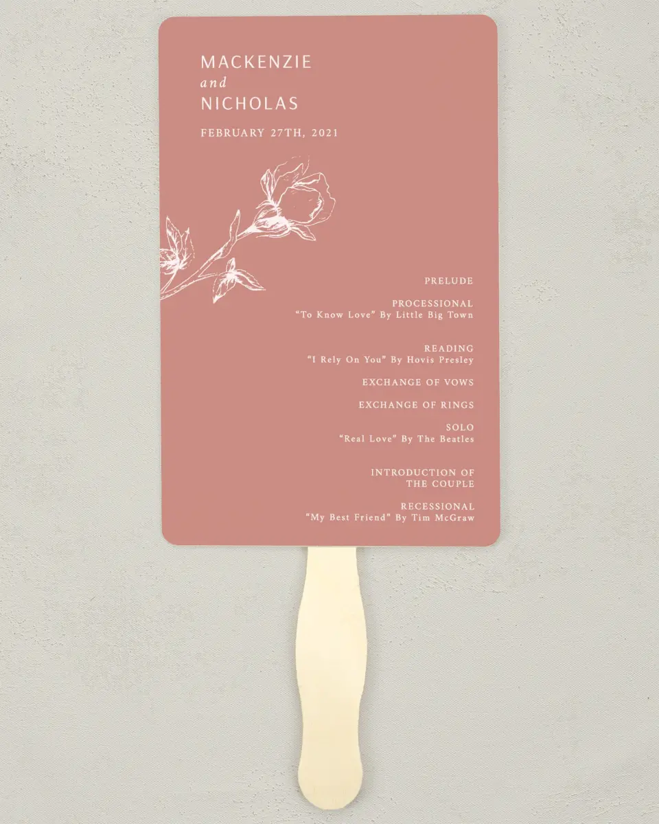 This is a 5" x 7⅞" Wedding Program Fan called Blooming Bud printed in full color on Premium Smooth paper