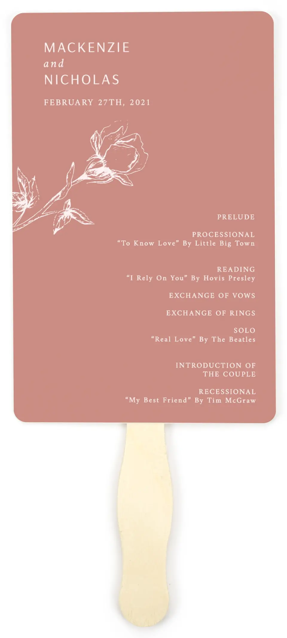 This is a 5" x 7⅞" Wedding Program Fan called Blooming Bud printed in full color on Premium Smooth paper