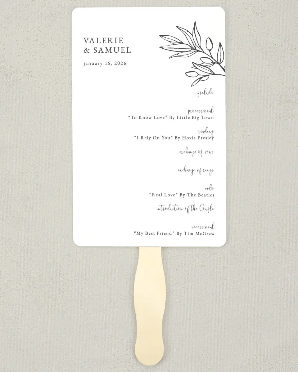 This is a 5" x 7⅞" Wedding Program Fan called Branch Sketch printed in full color on Premium Smooth paper