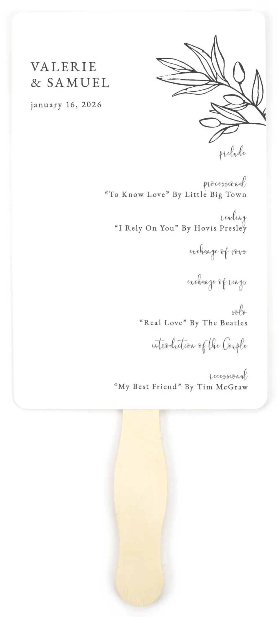 This is a 5" x 7⅞" Wedding Program Fan called Branch Sketch printed in full color on Premium Smooth paper