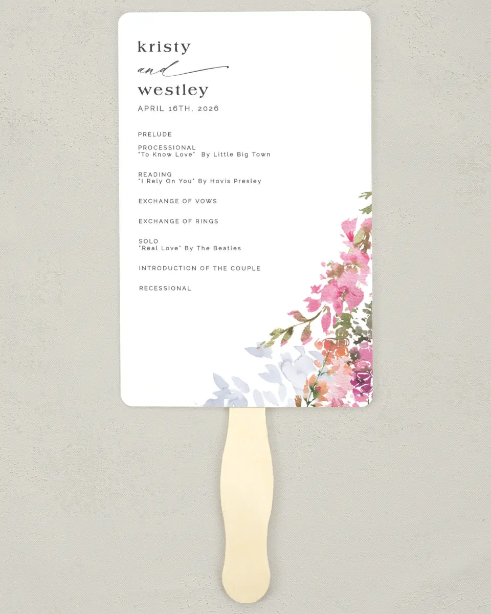 This is a 5" x 7⅞" Wedding Program Fan called Blushing Bouquet printed in full color on Premium Smooth paper