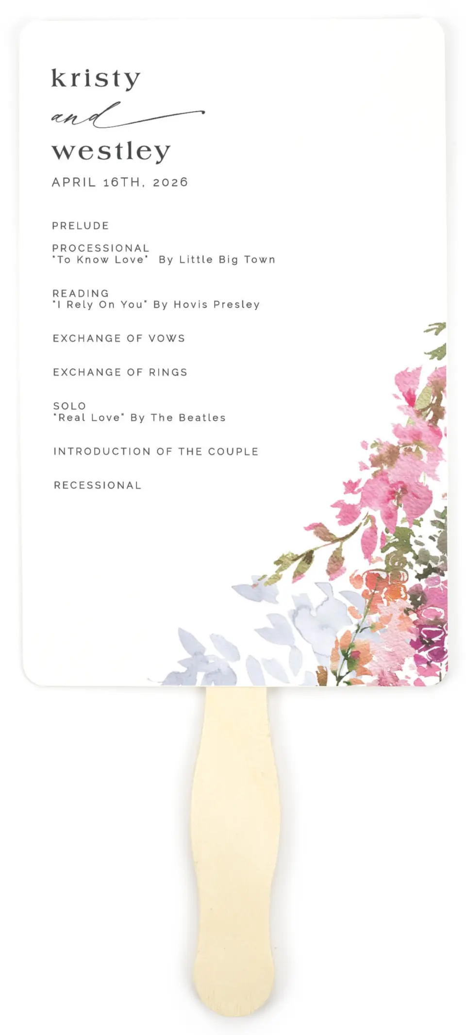 This is a 5" x 7⅞" Wedding Program Fan called Blushing Bouquet printed in full color on Premium Smooth paper