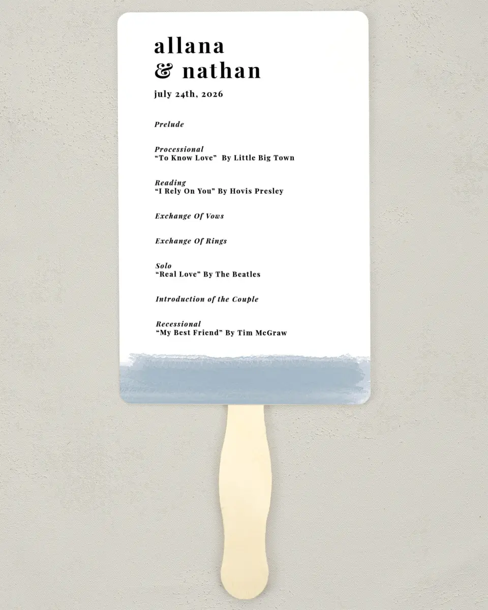 This is a 5" x 7⅞" Wedding Program Fan called Favorite Place printed in full color on Premium Smooth paper