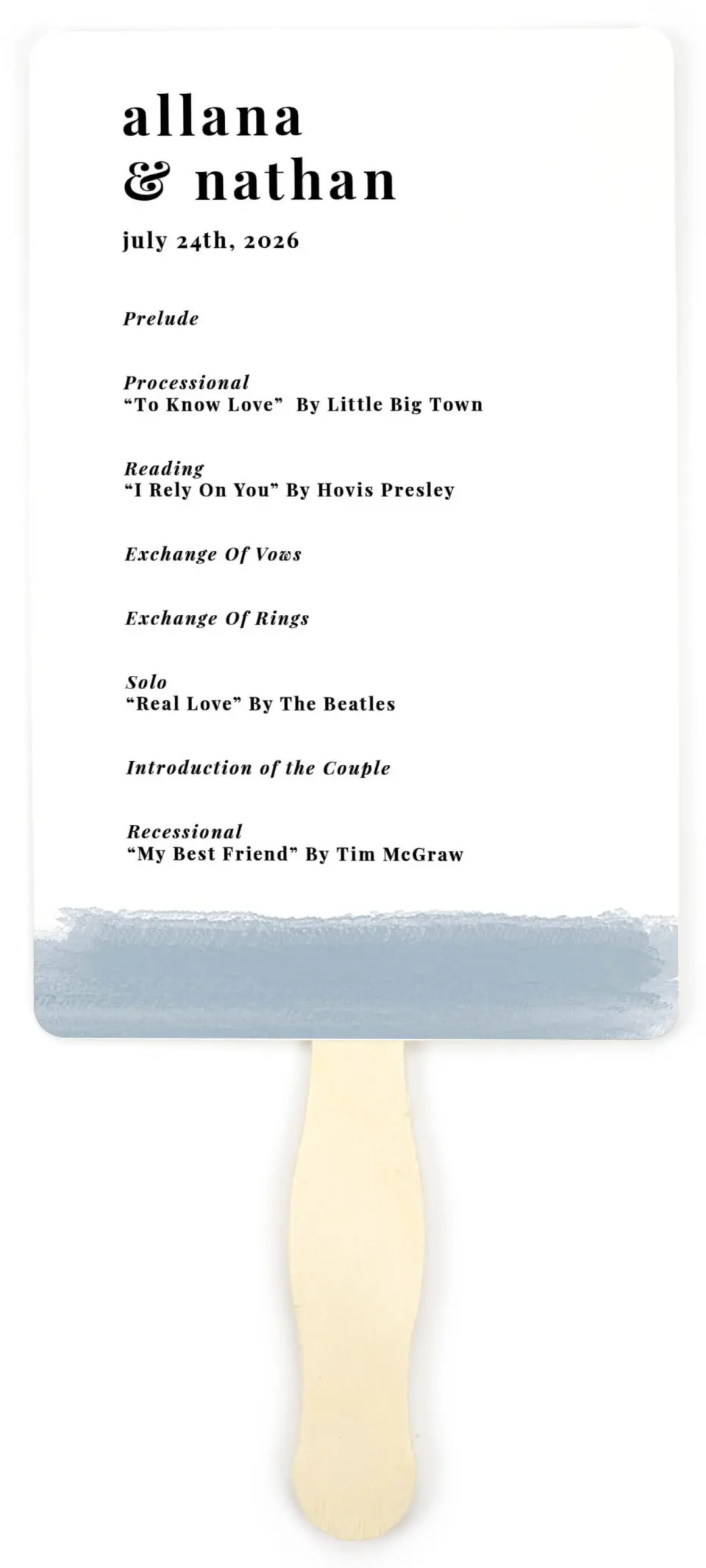 This is a 5" x 7⅞" Wedding Program Fan called Favorite Place printed in full color on Premium Smooth paper