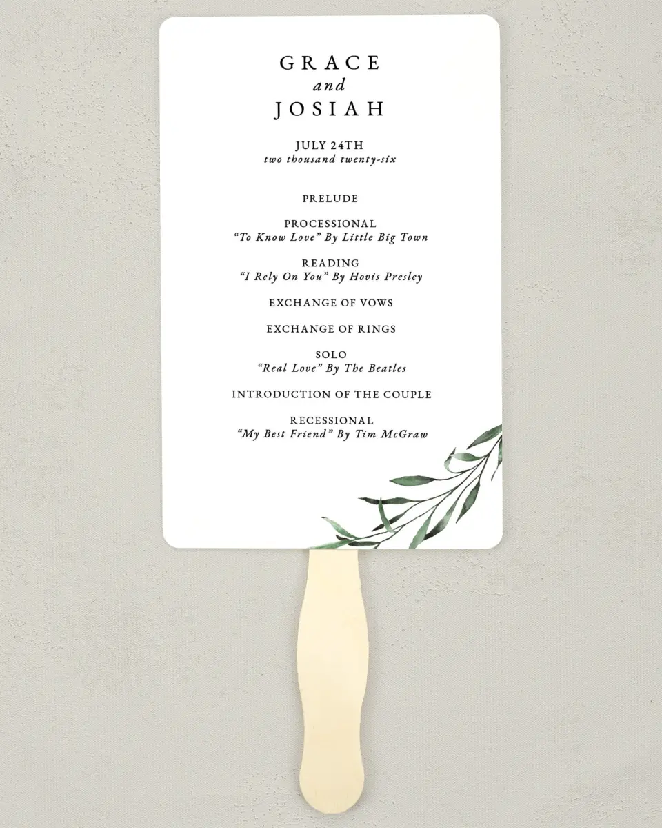 This is a 5" x 7⅞" Wedding Program Fan called Tender Twig printed in full color on Premium Smooth paper