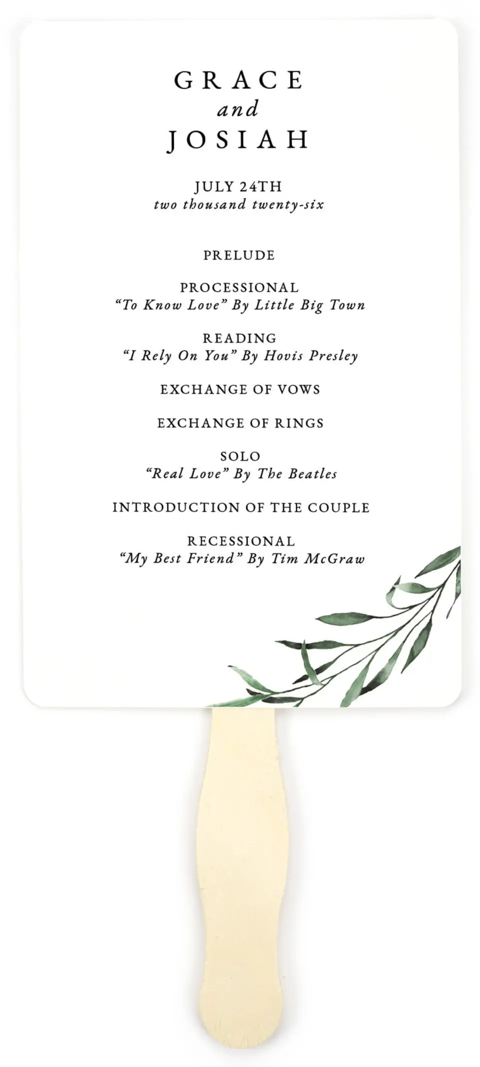This is a 5" x 7⅞" Wedding Program Fan called Tender Twig printed in full color with Gold foil on Luxe Satin (coated) paper