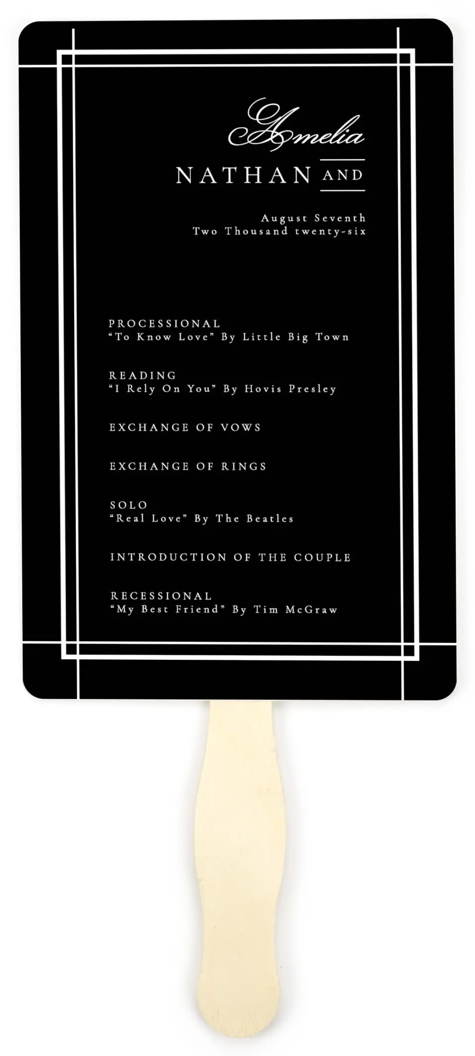 This is a 5" x 7⅞" Wedding Program Fan called Modern Trim printed in full color on Premium Smooth paper