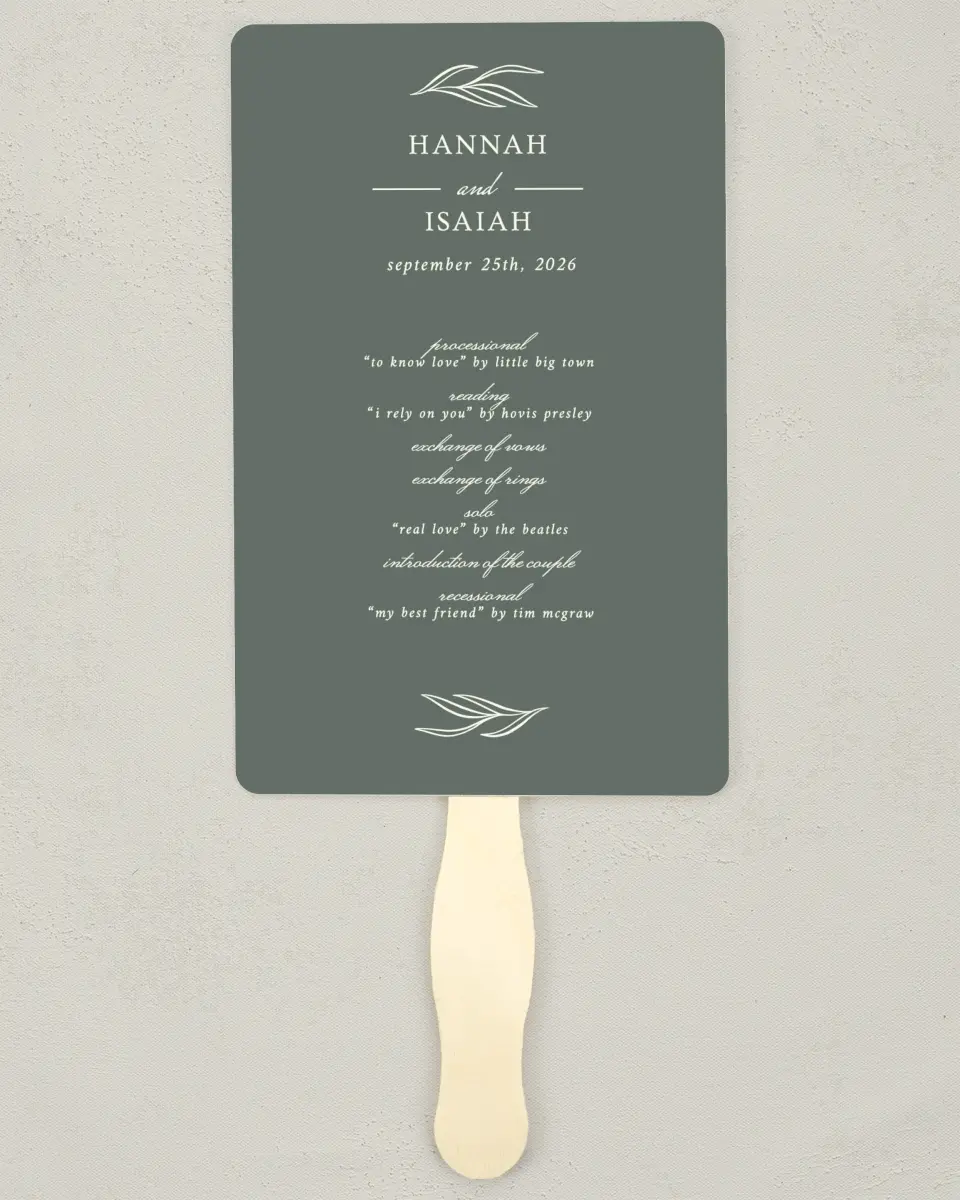 This is a 5" x 7⅞" Wedding Program Fan called Whisper Twig printed in full color on Premium Smooth paper