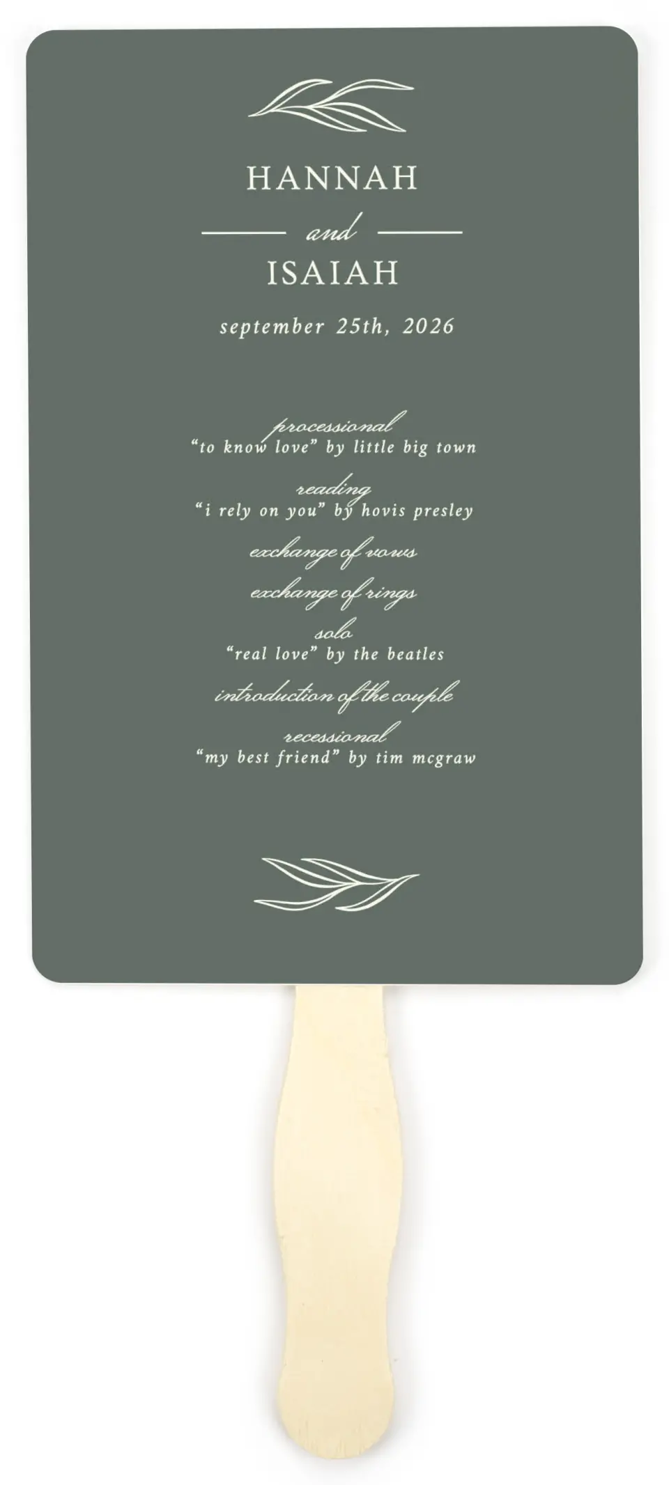 This is a 5" x 7⅞" Wedding Program Fan called Whisper Twig printed in full color on Premium Smooth paper