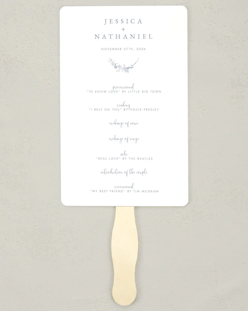 This is a 5" x 7⅞" Wedding Program Fan called Dainty Wreath printed in full color on Premium Smooth paper