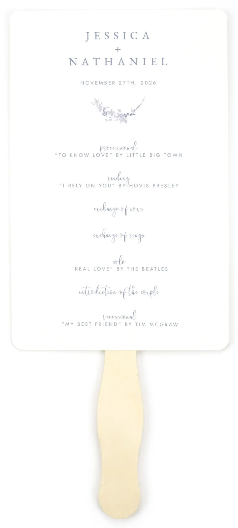 This is a 5" x 7⅞" Wedding Program Fan called Dainty Wreath printed in full color on Premium Smooth paper