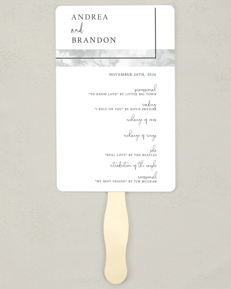 This is a 5" x 7⅞" Wedding Program Fan called Joined Lines printed in full color on Premium Smooth paper