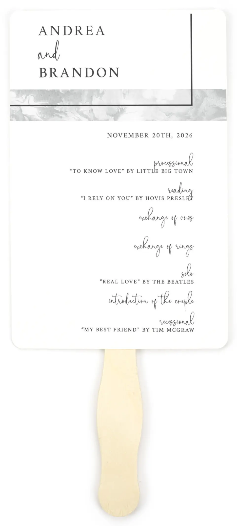 This is a 5" x 7⅞" Wedding Program Fan called Joined Lines printed in full color on Premium Smooth paper