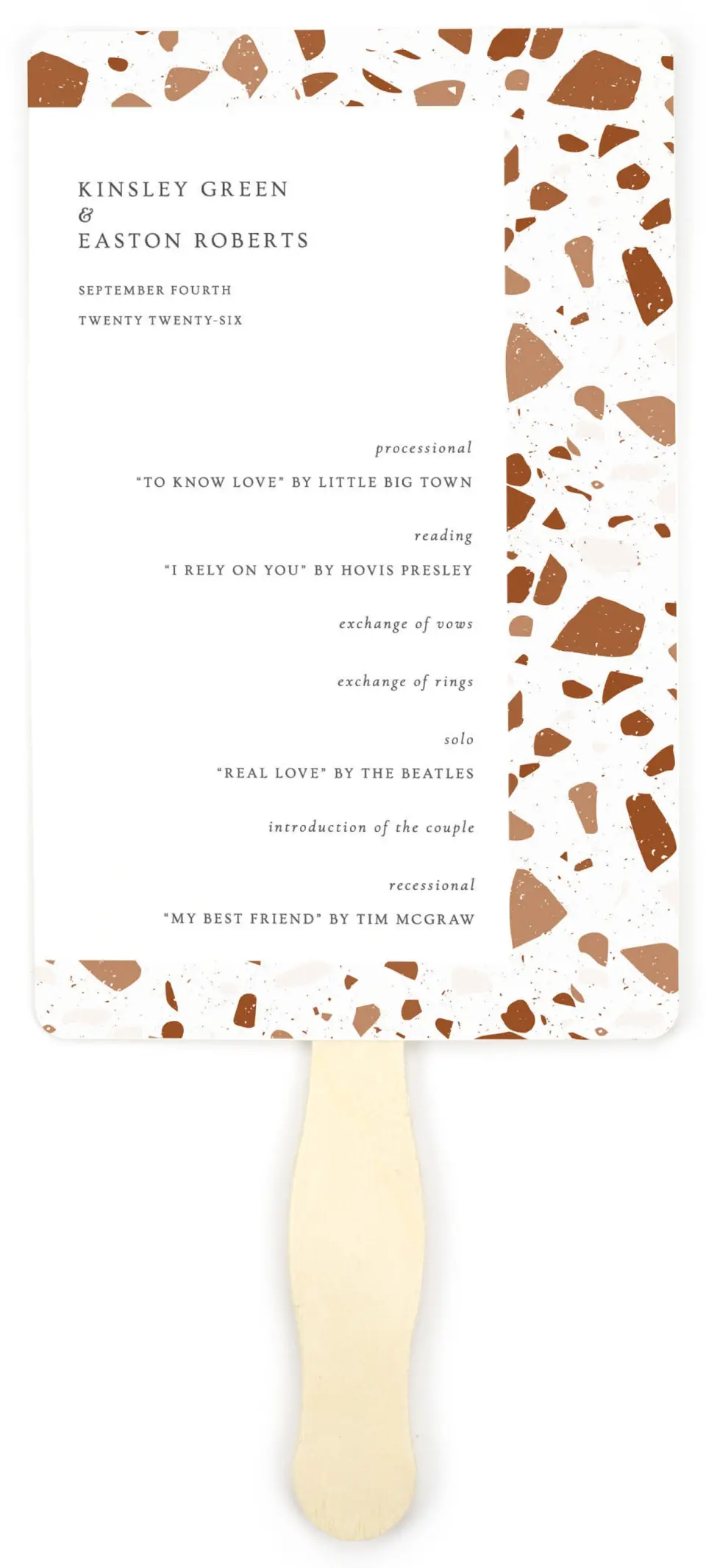 This is a 5" x 7⅞" Wedding Program Fan called Cornerstone of Love printed in full color on Premium Smooth paper