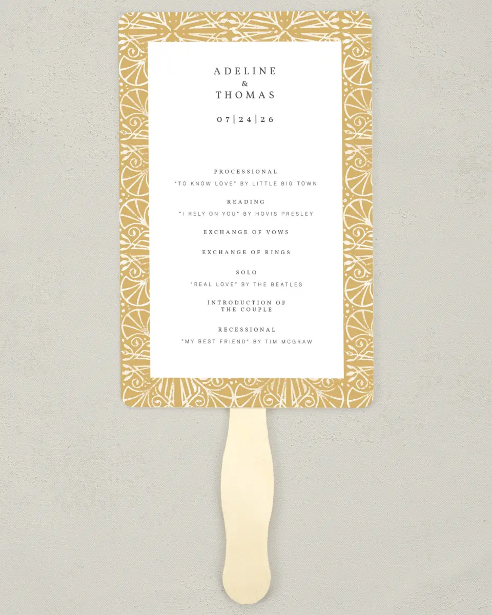 This is a 5" x 7⅞" Wedding Program Fan called Decorated Luxury printed in full color on Premium Smooth paper