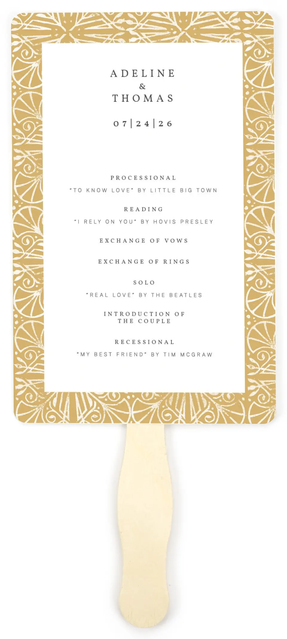This is a 5" x 7⅞" Wedding Program Fan called Decorated Luxury printed in full color on Premium Smooth paper