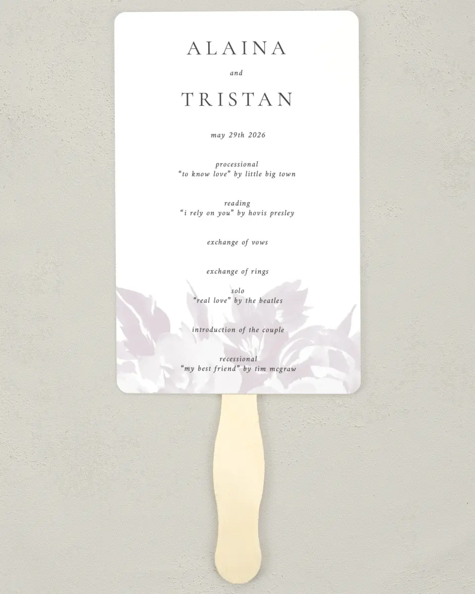 This is a 5" x 7⅞" Wedding Program Fan called Floral Burst printed in full color on Premium Smooth paper
