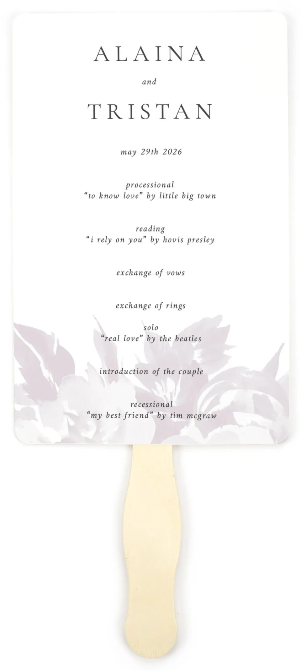 This is a 5" x 7⅞" Wedding Program Fan called Floral Burst printed in full color on Premium Smooth paper