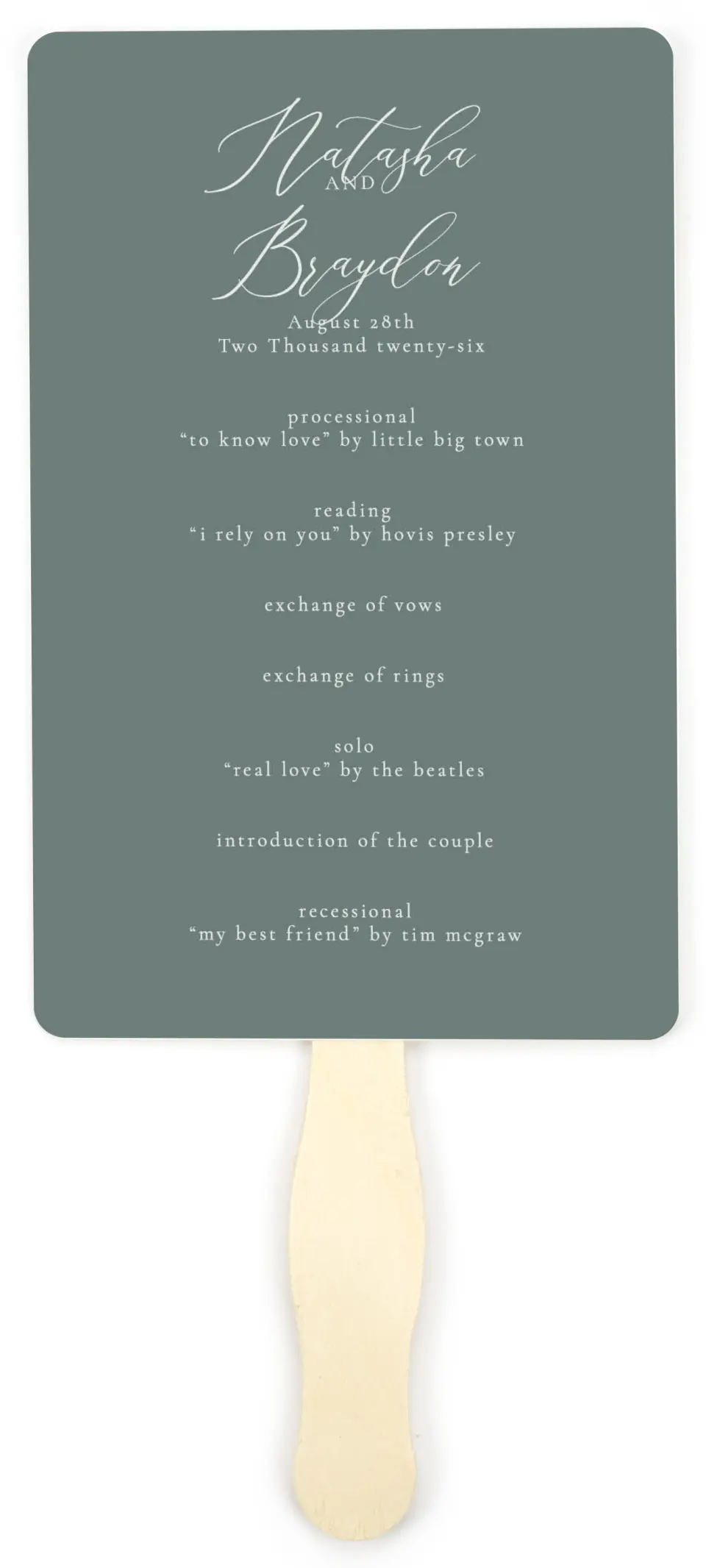 This is a 5" x 7⅞" Wedding Program Fan called Timeless Order printed in full color on Premium Smooth paper
