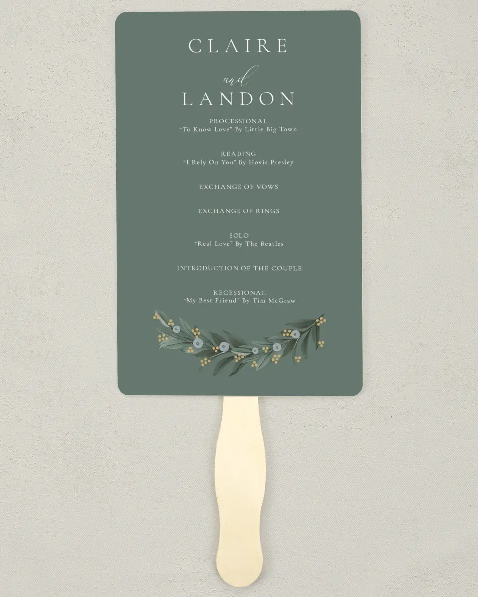 This is a 5" x 7⅞" Wedding Program Fan called Majestic Love printed in full color on Premium Smooth paper