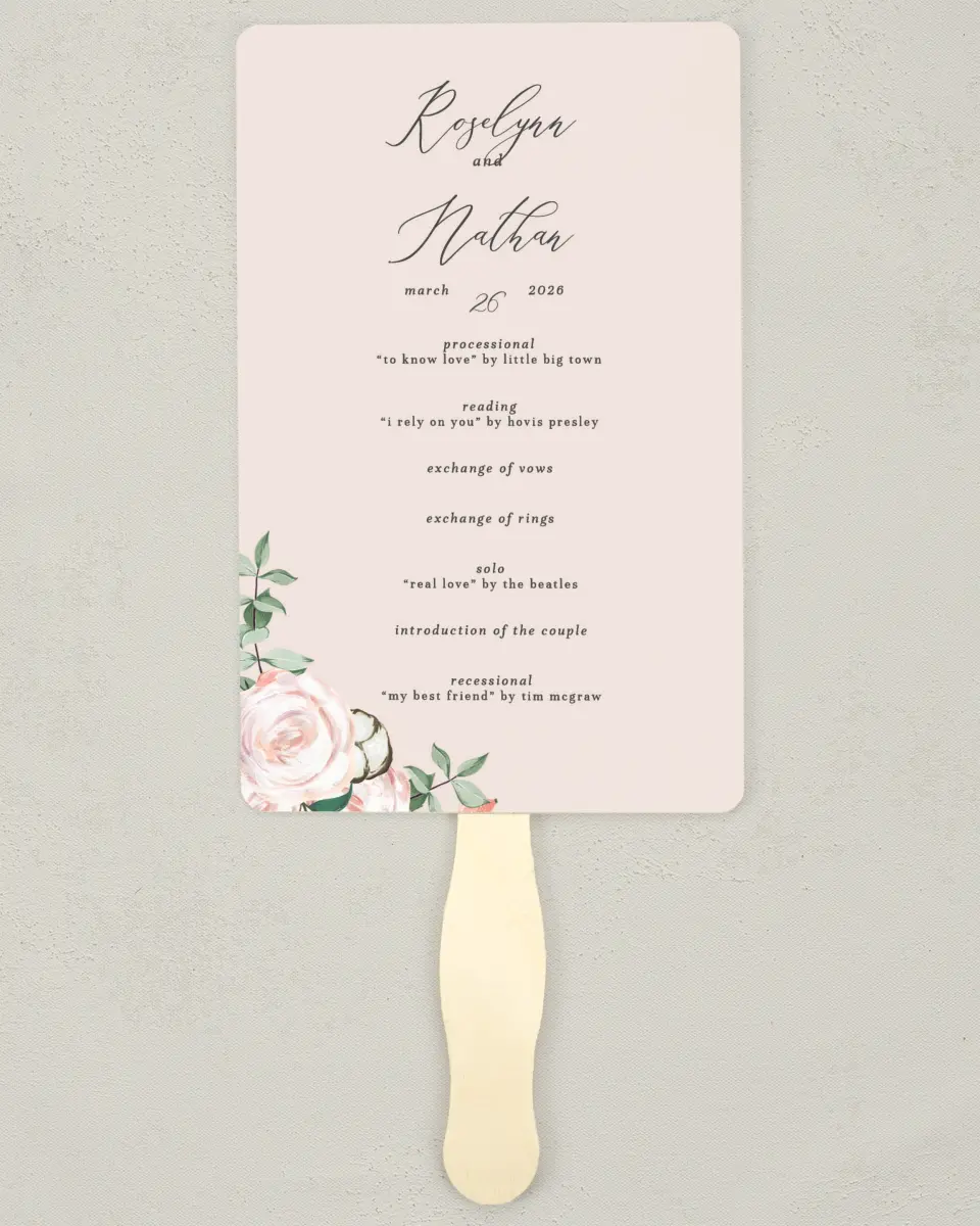 This is a 5" x 7⅞" Wedding Program Fan called Soft Rose printed in full color on Premium Smooth paper