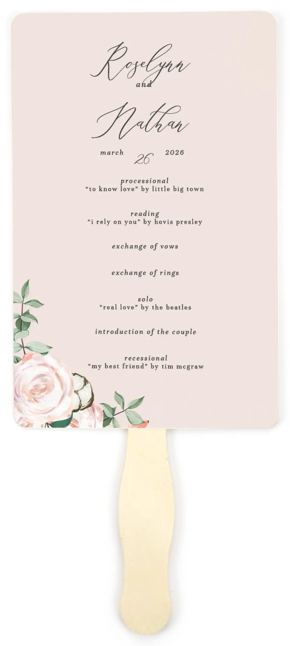 This is a 5" x 7⅞" Wedding Program Fan called Soft Rose printed in full color on Premium Smooth paper