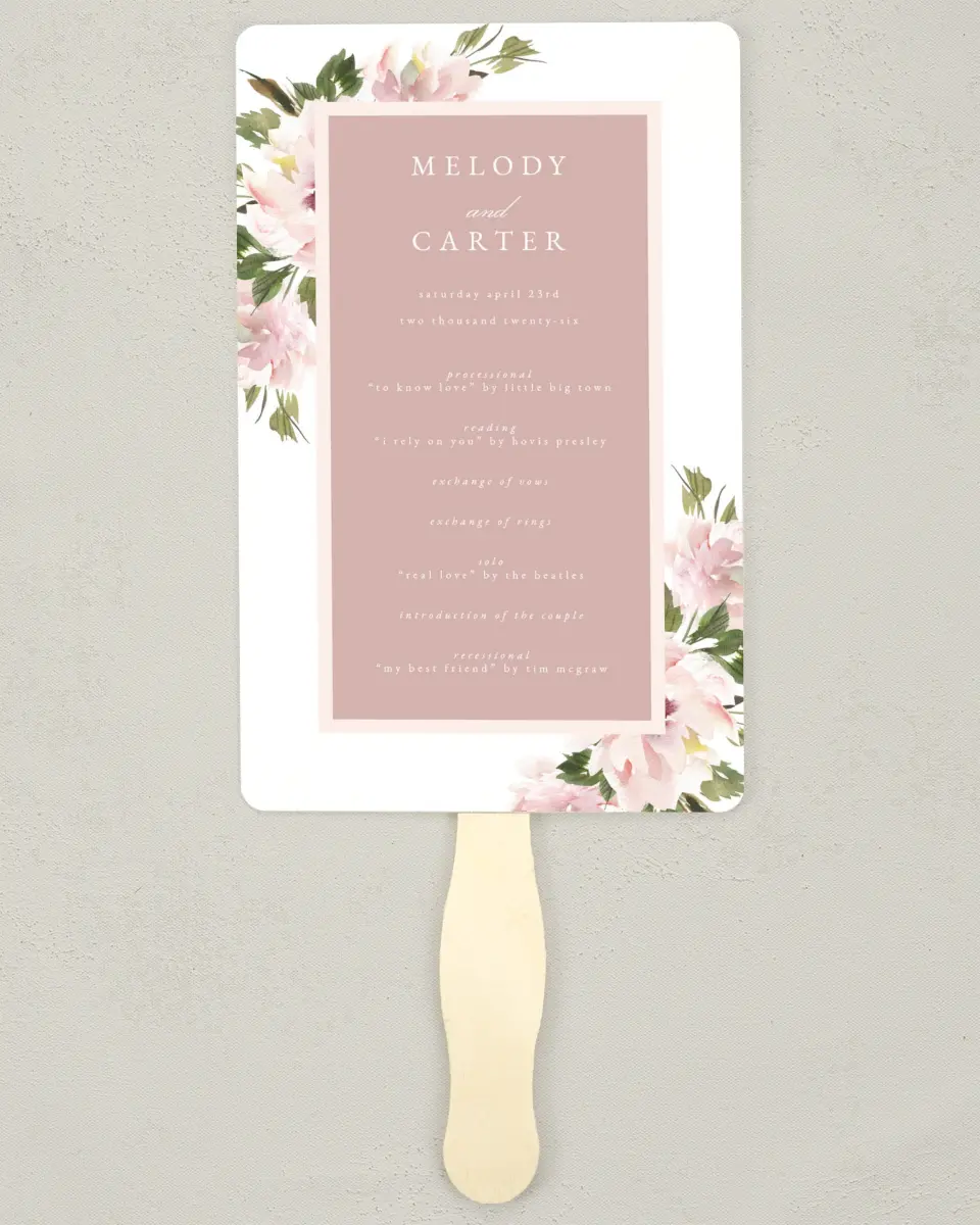 This is a 5" x 7⅞" Wedding Program Fan called Sweet Floral printed in full color on Premium Smooth paper