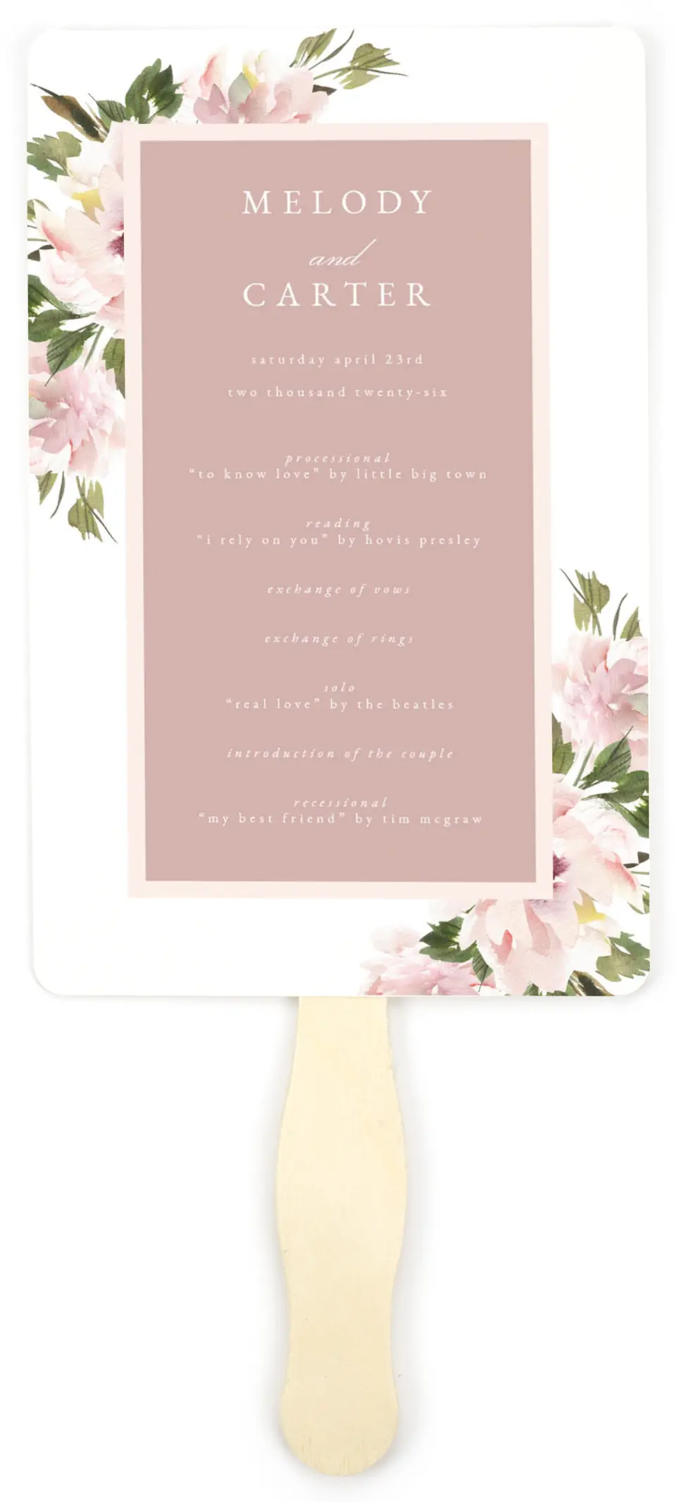 This is a 5" x 7⅞" Wedding Program Fan called Sweet Floral printed in full color on Premium Smooth paper
