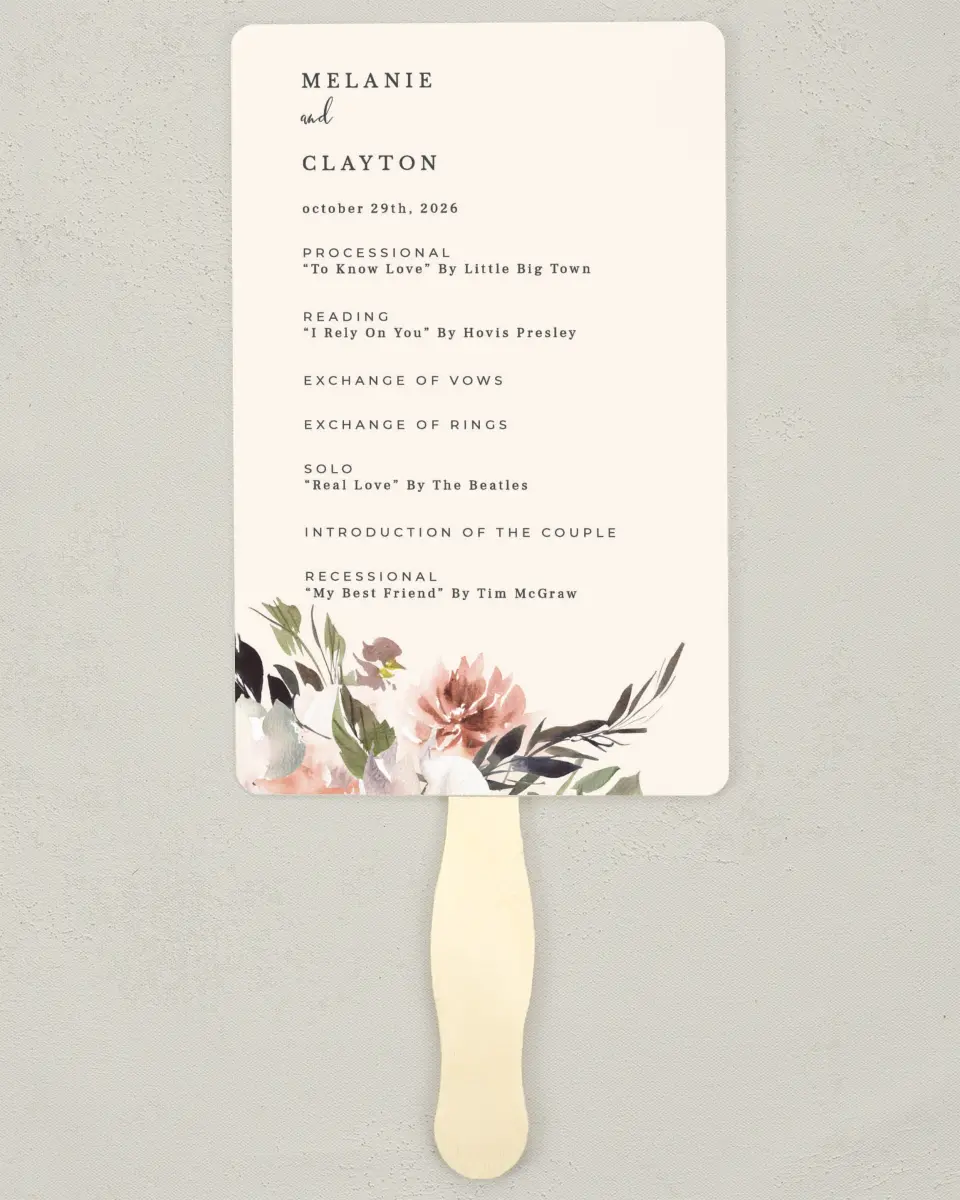 This is a 5" x 7⅞" Wedding Program Fan called Natural Love printed in full color on Premium Smooth paper