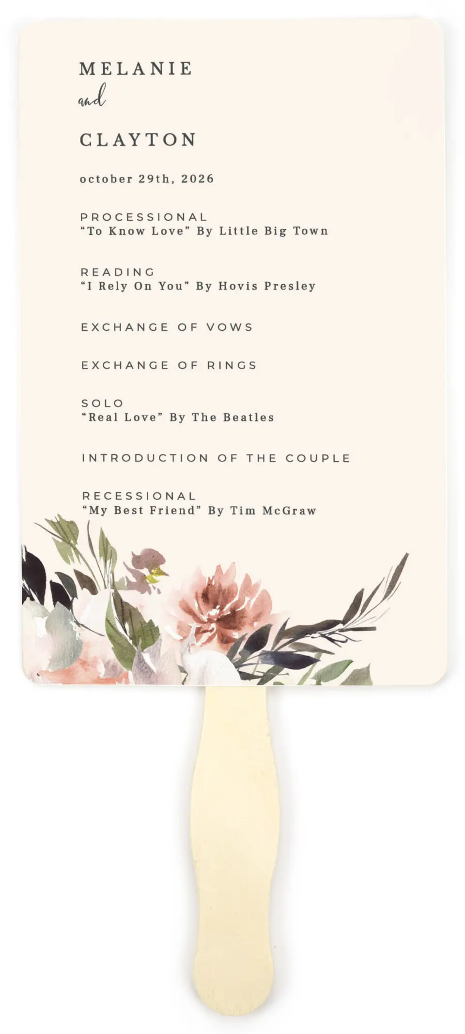 This is a 5" x 7⅞" Wedding Program Fan called Natural Love printed in full color on Premium Smooth paper